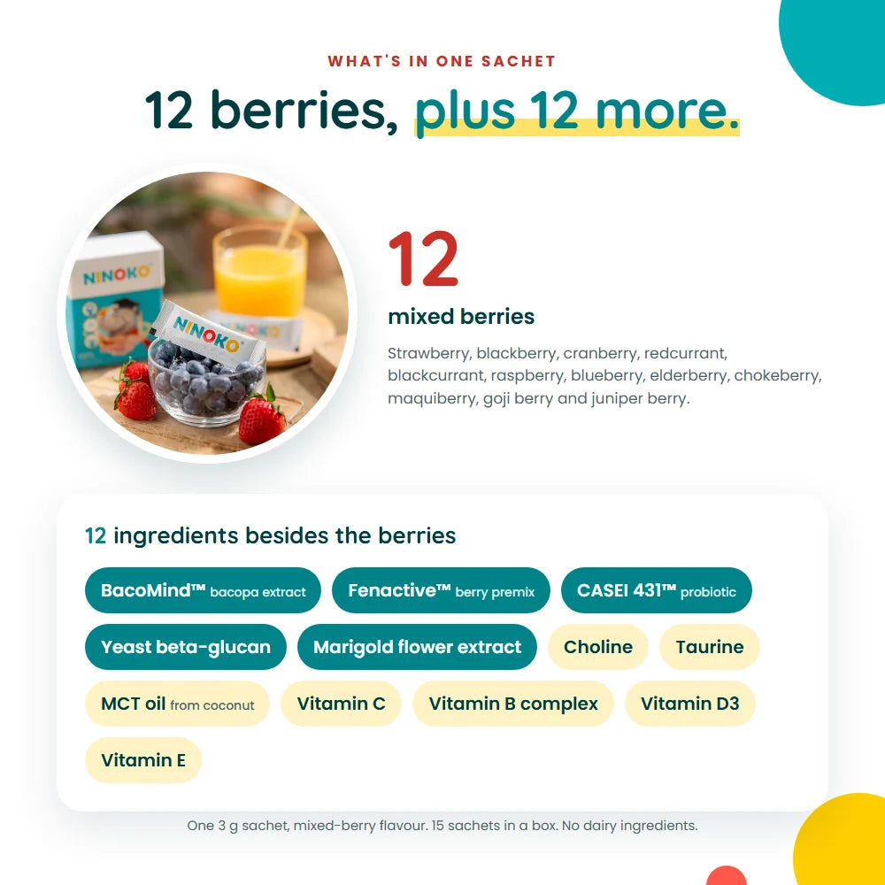 What's in one sachet: 12 mixed berries plus 12 more ingredients