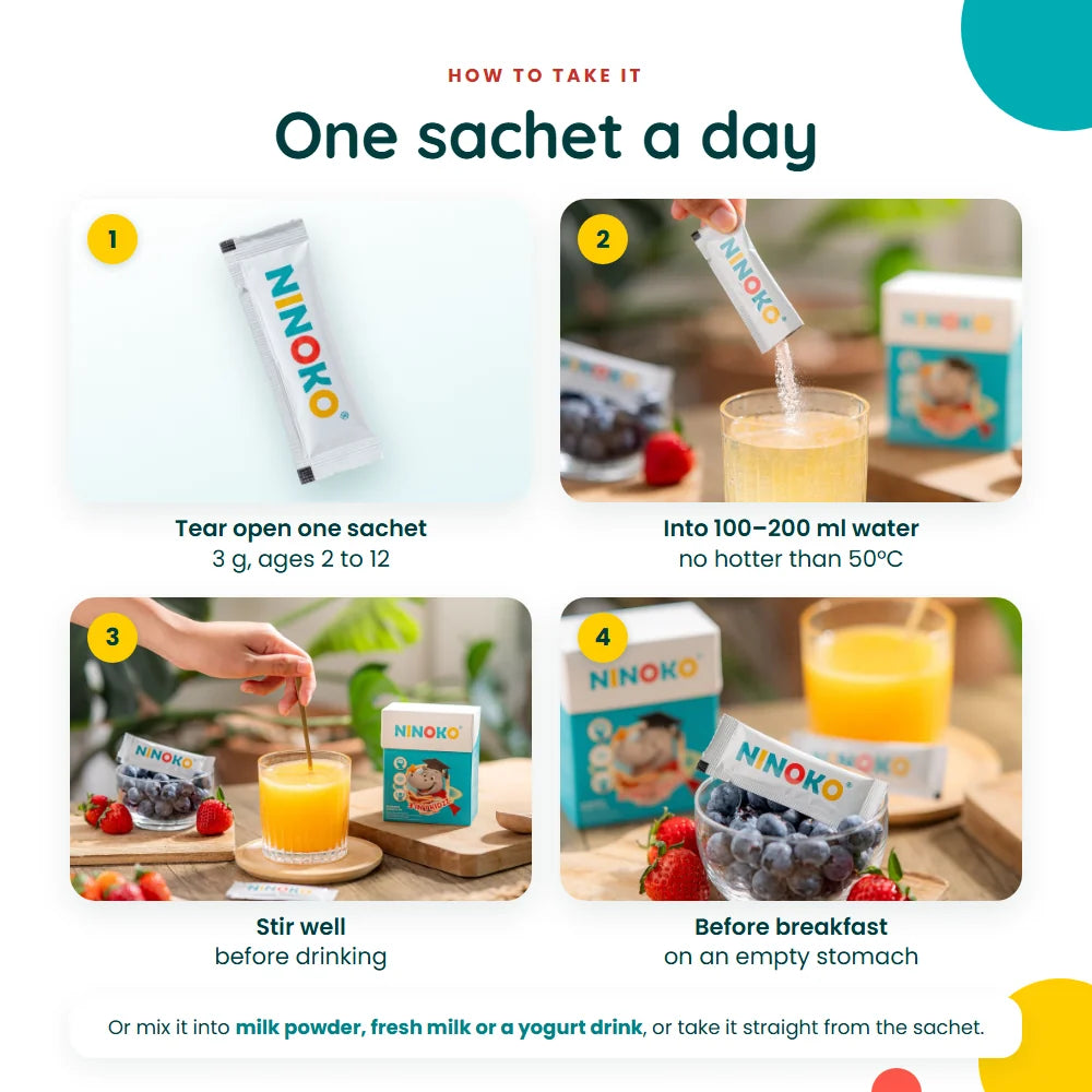 How to take it: tear open one sachet, pour into 100 to 200 ml of water no hotter than 50°C, stir, drink before breakfast